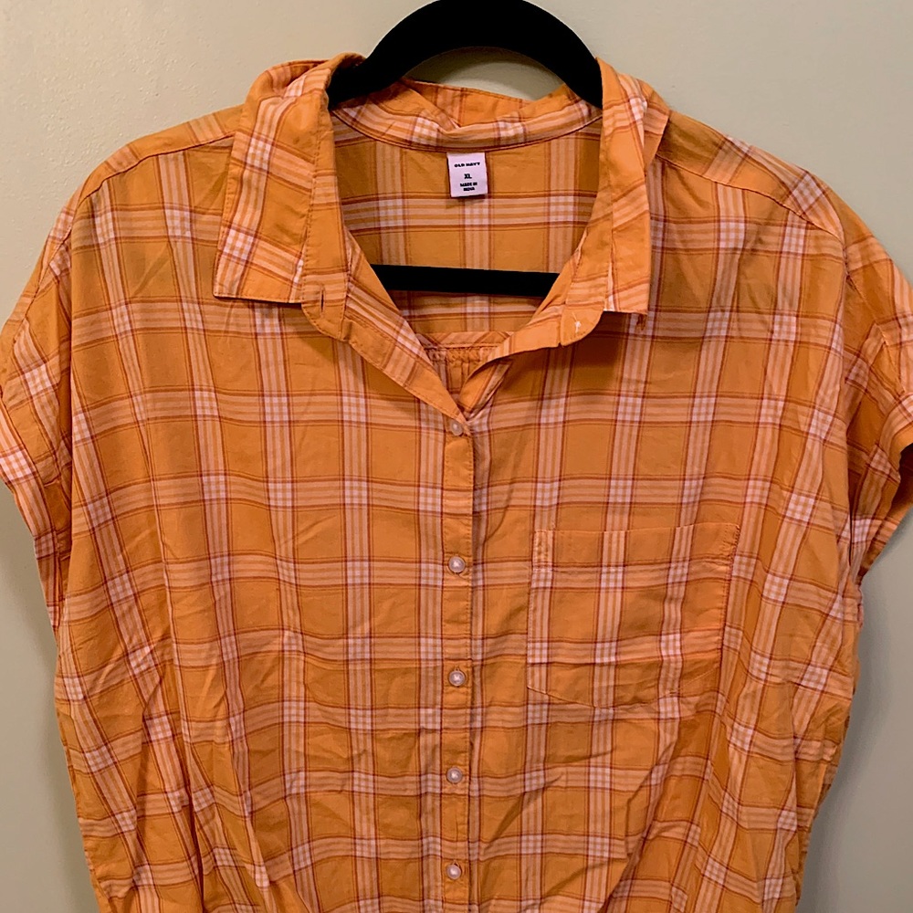 Tie Front Button-up Mustard Plaid Short Sleeve Top